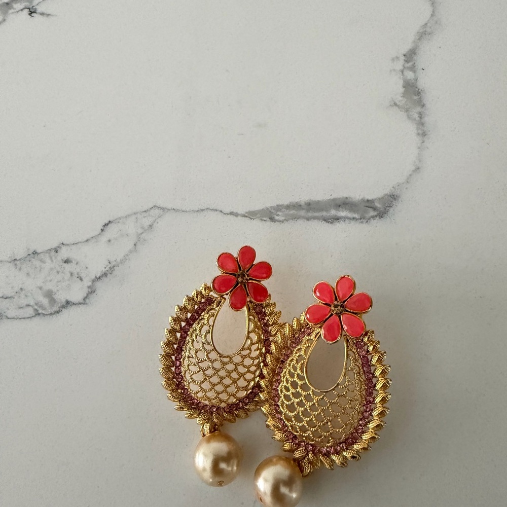 Elegant Gold and Red Floral Earrings